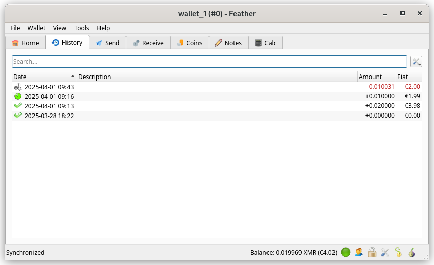 Feather wallet desktop Monero interface overview example 2